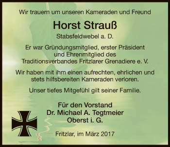 Todesanzeige von Horst Strauß von HNA