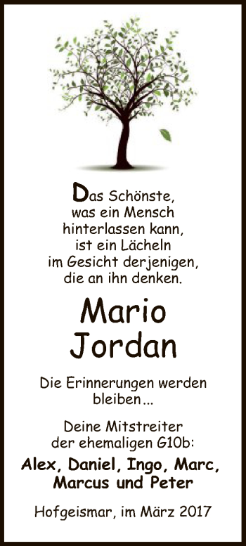 Todesanzeige von Mario Jordan von HNA