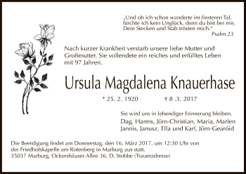Todesanzeige von Ursula Magdalena Knauerhase von HNA