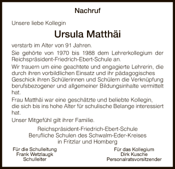 Todesanzeige von Ursula Matthäi von HNA