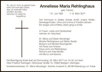 Todesanzeige von Anneliese Rehlinghaus von HNA