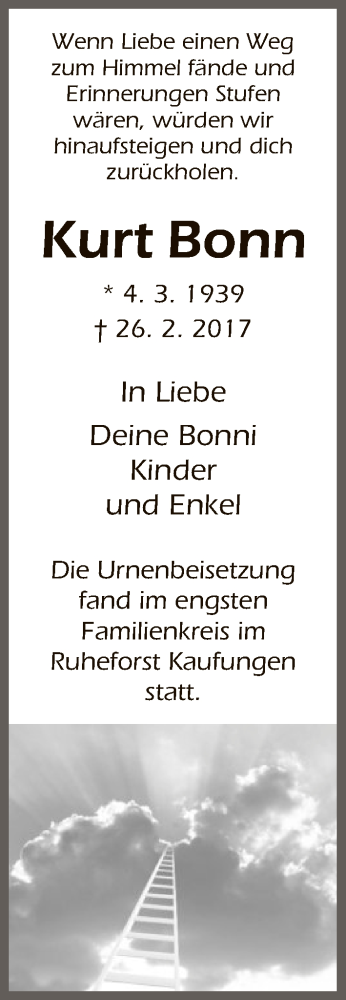 Todesanzeige von Kurt Bonn von HNA