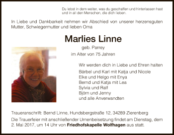 Todesanzeige von Marlies Linne von HNA