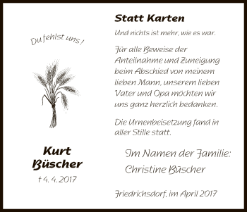 Todesanzeige von Kurt Büscher von HNA
