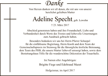 Todesanzeige von Adeline Specht von HNA