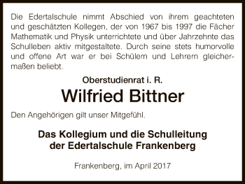 Todesanzeige von Wilfrried Bittner von HNA