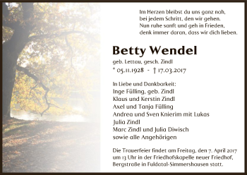Todesanzeige von Betty Wendel von HNA