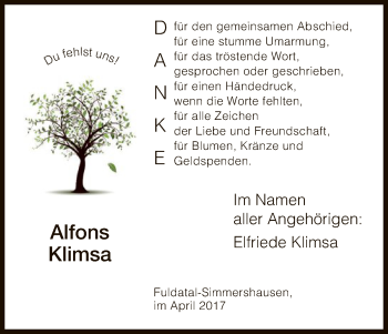 Todesanzeige von Alfons Klimsa von HNA