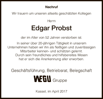 Todesanzeige von Edgar Probst von HNA