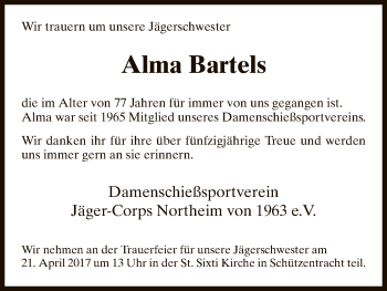 Todesanzeige von Alma Bartels von HNA