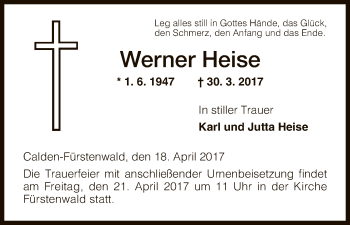 Todesanzeige von Werner Heise von HNA