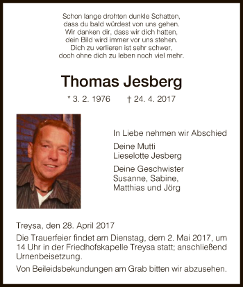 Todesanzeige von Thomas Jesberg von HNA