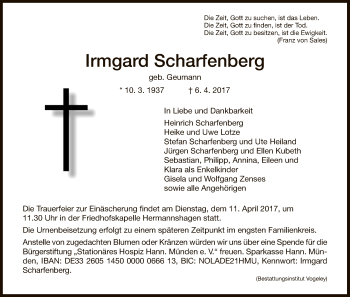 Todesanzeige von Irmgard Scharfenberg von HNA