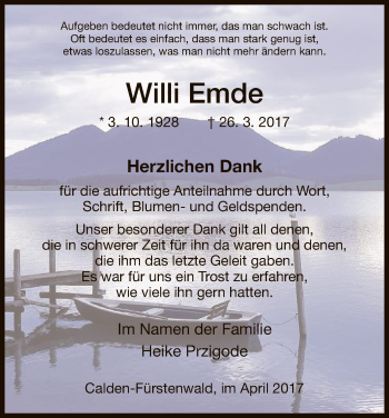 Todesanzeige von Willi Emde von HNA