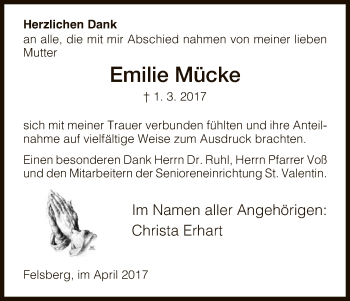 Todesanzeige von Emilie Mücke von HNA