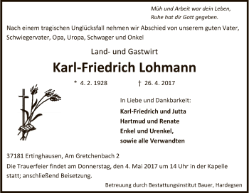 Todesanzeige von Karl-Friedrich Lohmann von HNA