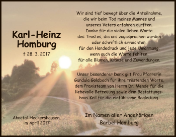Todesanzeige von Karl-Heinz Homburg von HNA
