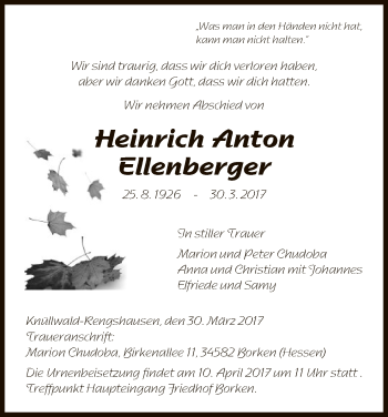 Todesanzeige von Heinrich Anton Ellenberger von HNA