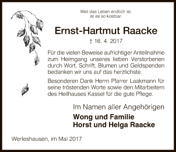 Todesanzeige von Ernst-Hartmut Raacke von HNA
