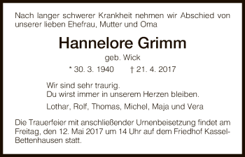 Todesanzeige von Hannelore Grimm von HNA