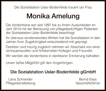 Todesanzeige von Monika Amelung von HNA