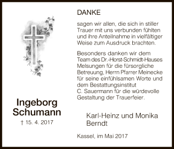 Todesanzeige von Ingeborg Schumann von HNA