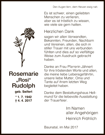 Todesanzeige von Rosemarie Rudolph von HNA