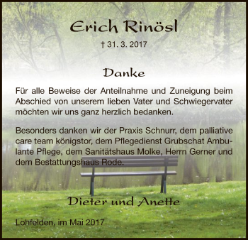 Todesanzeige von Erich Rinösl von HNA