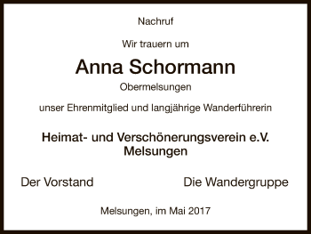 Todesanzeige von Anna Schormann von HNA