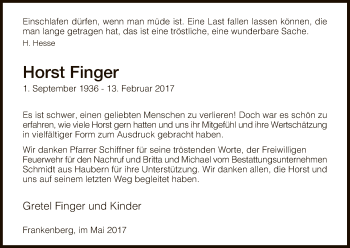 Todesanzeige von Horst Finger von HNA