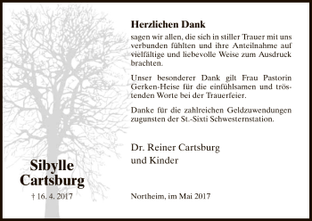 Todesanzeige von Sibylle Cartsburg von HNA