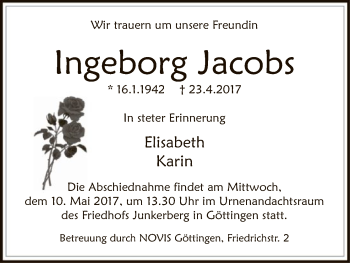 Todesanzeige von Ingeborg Jacobs von HNA
