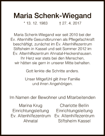 Todesanzeige von Maria Schenk-Wiegand von HNA