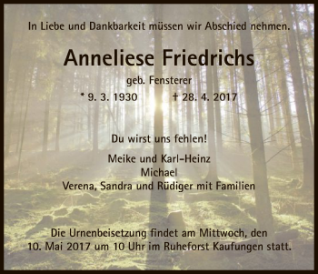 Todesanzeige von Anneliese Friedrichs von HNA