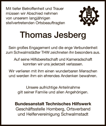 Todesanzeige von Thomas Jesberg von HNA