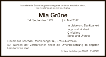 Todesanzeige von Mia Grüne von HNA