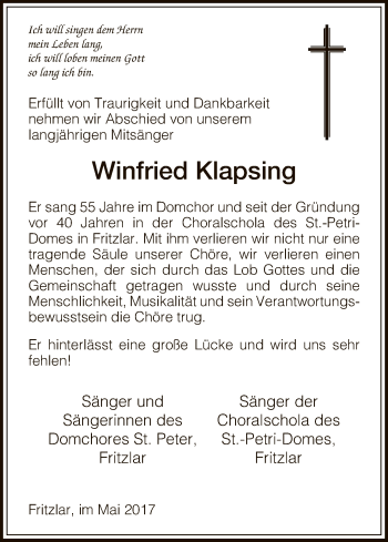 Todesanzeige von Winfried Klapsing von HNA