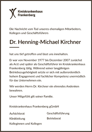 Todesanzeige von Henning-Michael Kirchner von HNA