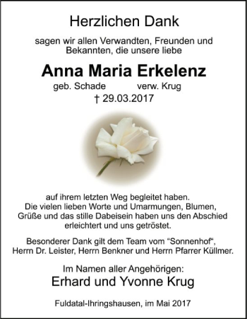 Todesanzeige von Anna Maria Erkelenz von HNA