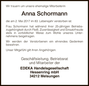 Todesanzeige von Anna Schormann von HNA