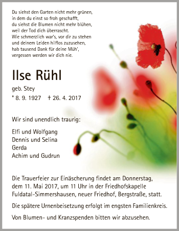 Todesanzeige von Ilse Rühl von HNA