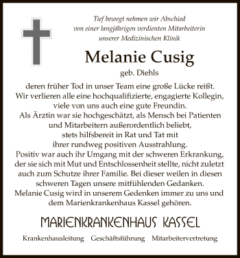 Todesanzeige von Melanie Cusig von HNA