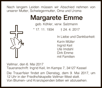 Todesanzeige von Margarete Emme von HNA