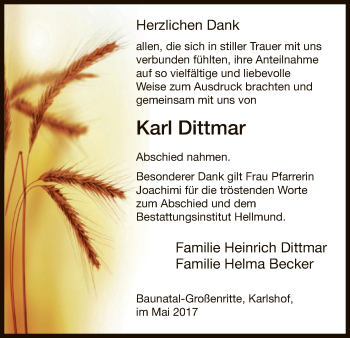 Todesanzeige von Karl Dittmar von HNA
