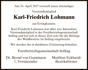 Todesanzeige von Karl-Friedrich Lohmann von HNA