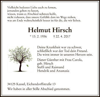 Todesanzeige von Helmut Hirsch von HNA