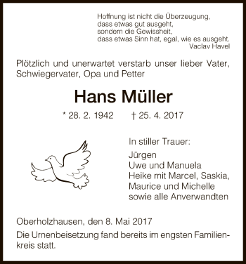 Todesanzeige von Hans Müller von HNA