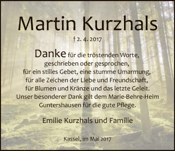 Todesanzeige von Martin Kurzhals von HNA