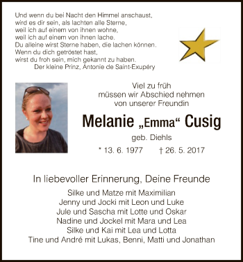 Todesanzeige von Melanie Cusig von HNA