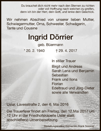 Todesanzeige von Ingrid Dörrier von HNA